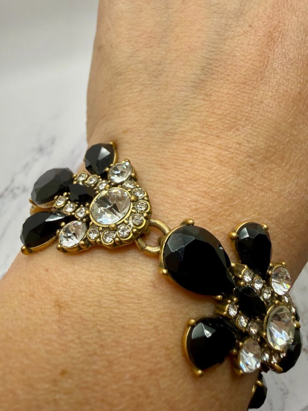 J.Crew Art Deco Black Clear Rhinestone Bracelet Gold Tone